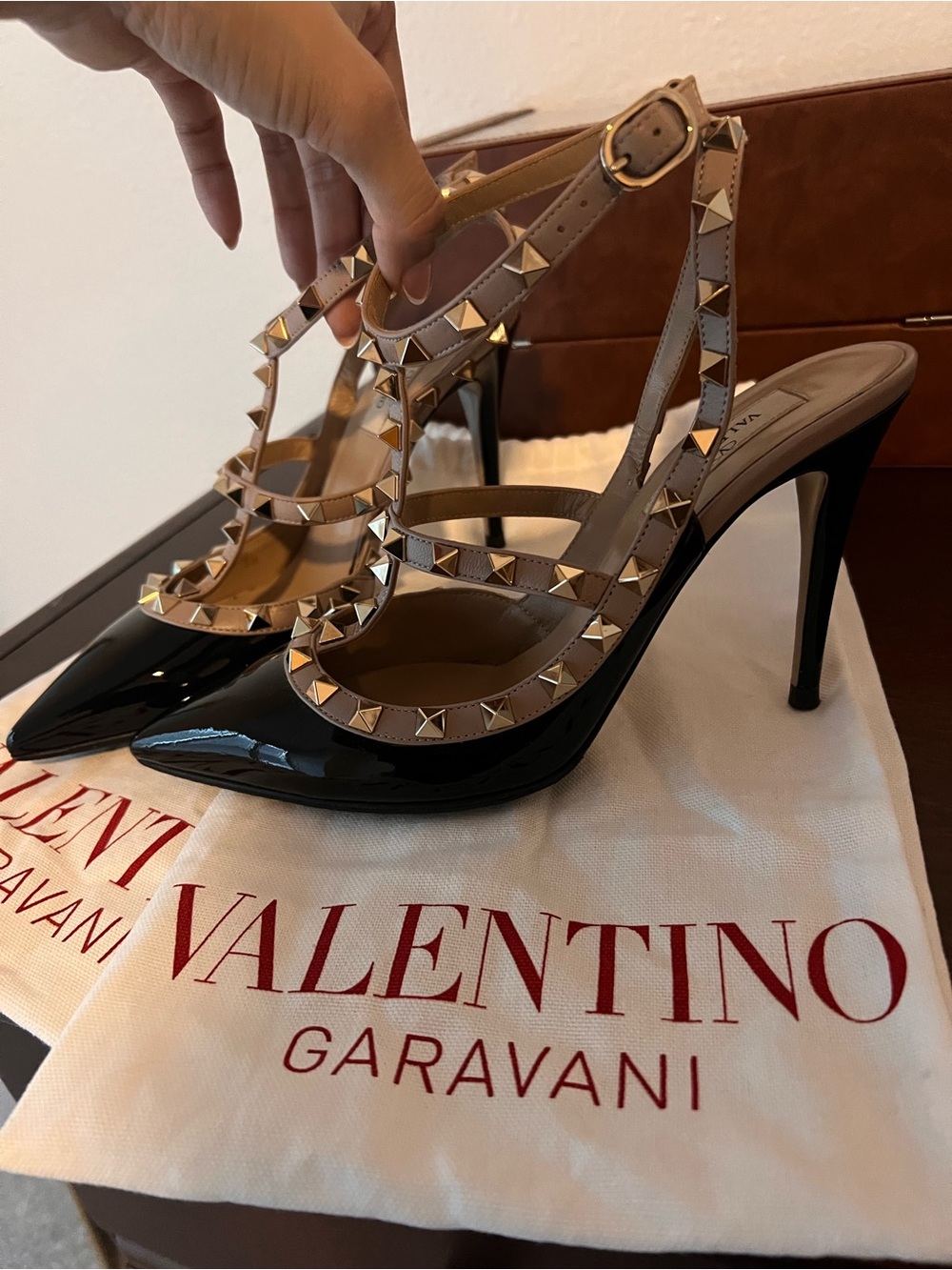 Valentino Garavani Black Patent Pumps with Beige Rockstud Straps (38) US 7.5